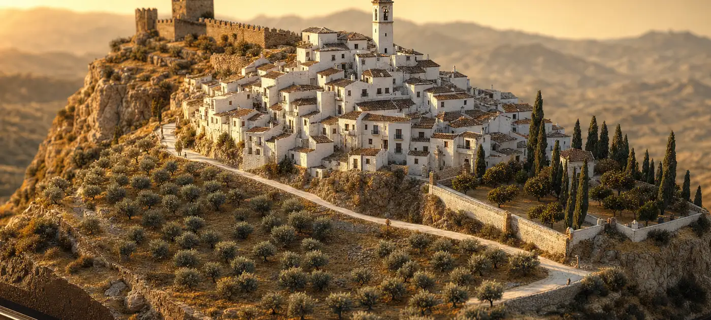 Maqueta del sur: un pueblo blanco sobre un espolón rocoso, olivares y sierras al fondo