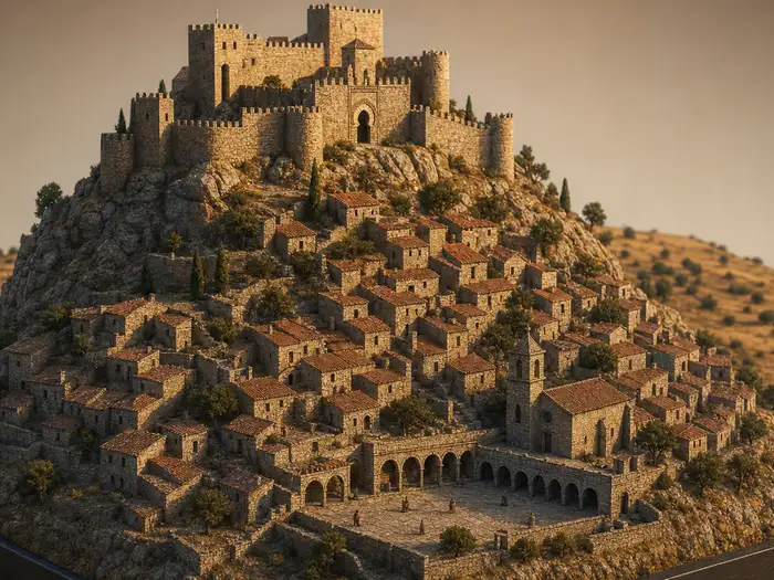 Maqueta en miniatura de Trujillo: la fortaleza sobre el berrocal granítico y las casas de piedra bajando hasta la plaza con soportales